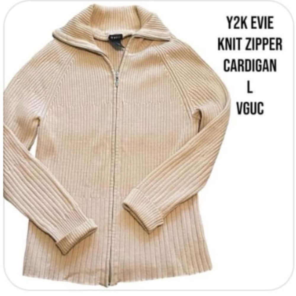 Y2K EVIE Rib Knit Zip Cardigan Cream Stretch Sweater Women’s L